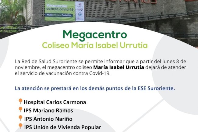 Megacentro de vacunacion coliseo María Isabel Urrutia cierra sus puertas  a partir del lunes 8 de noviembre