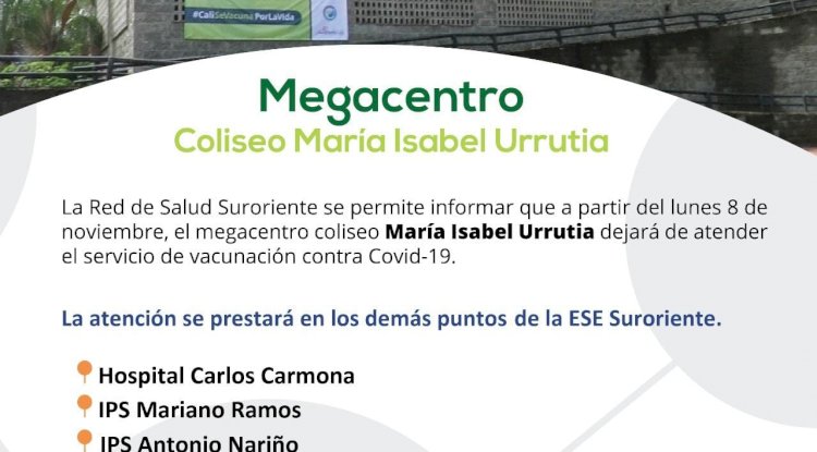 Megacentro de vacunacion coliseo María Isabel Urrutia cierra sus puertas  a partir del lunes 8 de noviembre