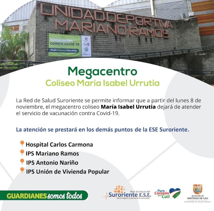 Megacentro de vacunacion coliseo María Isabel Urrutia cierra sus puertas  a partir del lunes 8 de noviembre